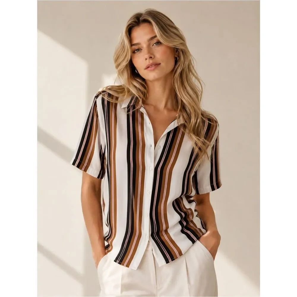 Anthropologie Denim & Flower White and Brown Striped Short-Sleeve Button-Down